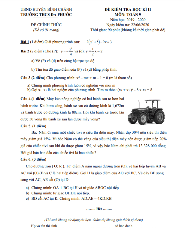 Đề kiểm tra học kì 2 (HK2) lớp 9 môn Toán năm 2019 2020 trường THCS Đa Phước TP HCM