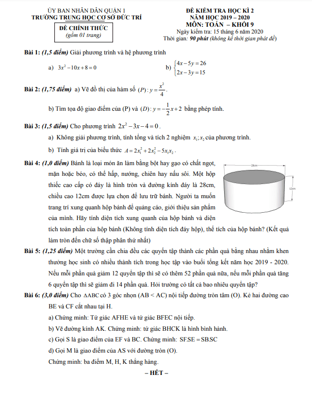 Đề kiểm tra học kì 2 (HK2) lớp 9 môn Toán năm 2019 2020 trường THCS Đức Trí TP HCM