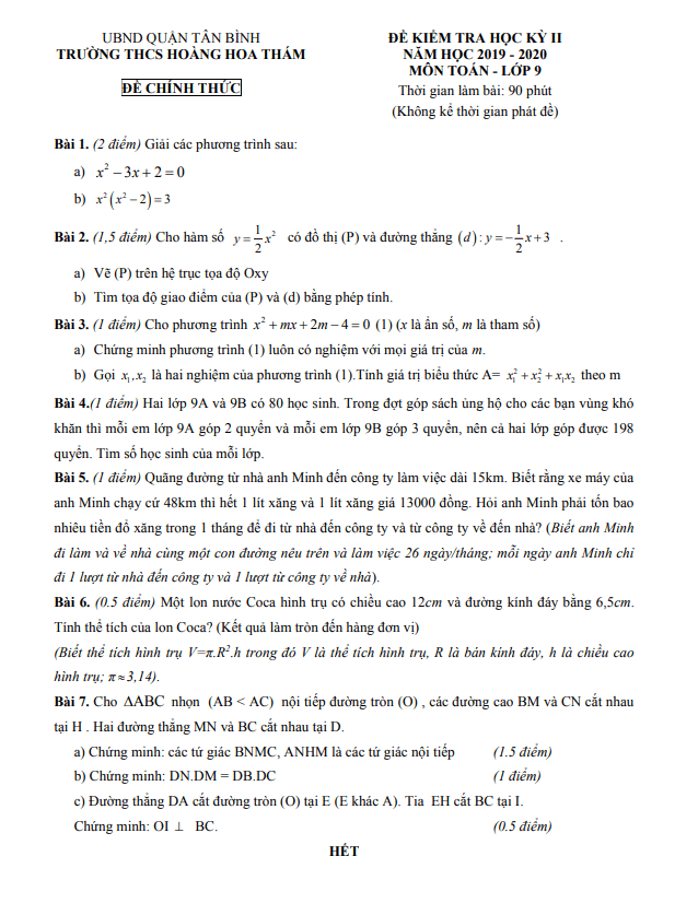 Đề kiểm tra học kì 2 (HK2) lớp 9 môn Toán năm 2019 2020 trường THCS Hoàng Hoa Thám TP HCM