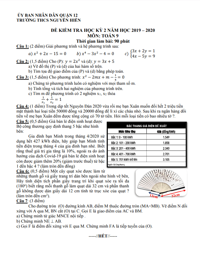 Đề kiểm tra học kì 2 (HK2) lớp 9 môn Toán năm 2019 2020 trường THCS Nguyễn Hiền TP HCM