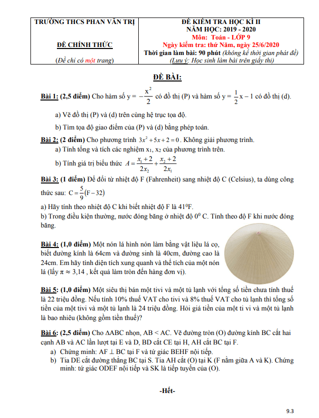 Đề kiểm tra học kì 2 (HK2) lớp 9 môn Toán năm 2019 2020 trường THCS Phan Văn Trị TP HCM