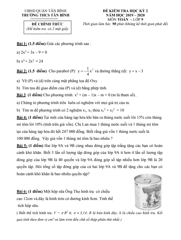 Đề kiểm tra học kì 2 (HK2) lớp 9 môn Toán năm 2019 2020 trường THCS Tân Bình TP HCM