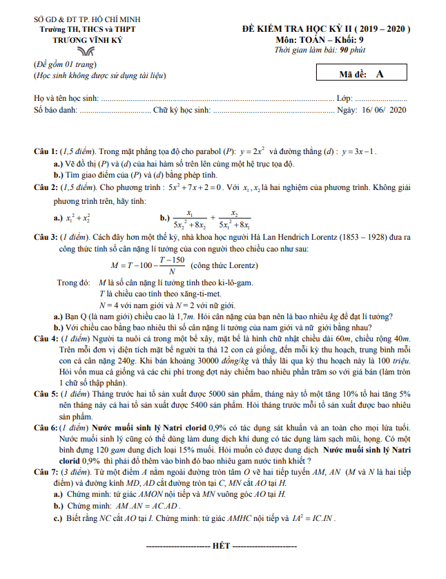 Đề kiểm tra học kì 2 (HK2) lớp 9 môn Toán năm 2019 2020 trường Trương Vĩnh Ký TP HCM