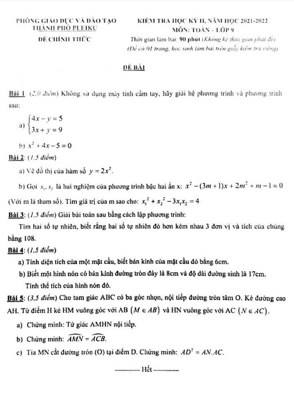 Đề kiểm tra học kì 2 (HK2) lớp 9 môn Toán năm 2021 2022 phòng GD ĐT Pleiku Gia Lai