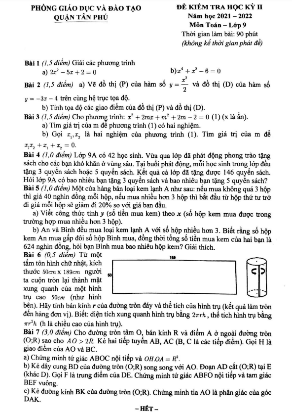 Đề kiểm tra học kì 2 (HK2) lớp 9 môn Toán năm 2021 2022 phòng GD ĐT Tân Phú TP HCM