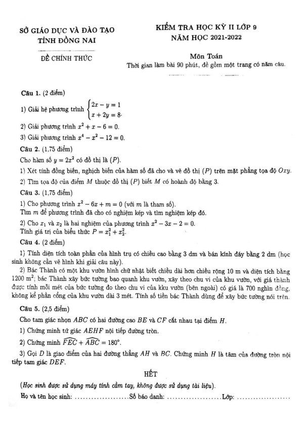 Đề kiểm tra học kì 2 (HK2) lớp 9 môn Toán năm 2021 2022 sở GD ĐT Đồng Nai