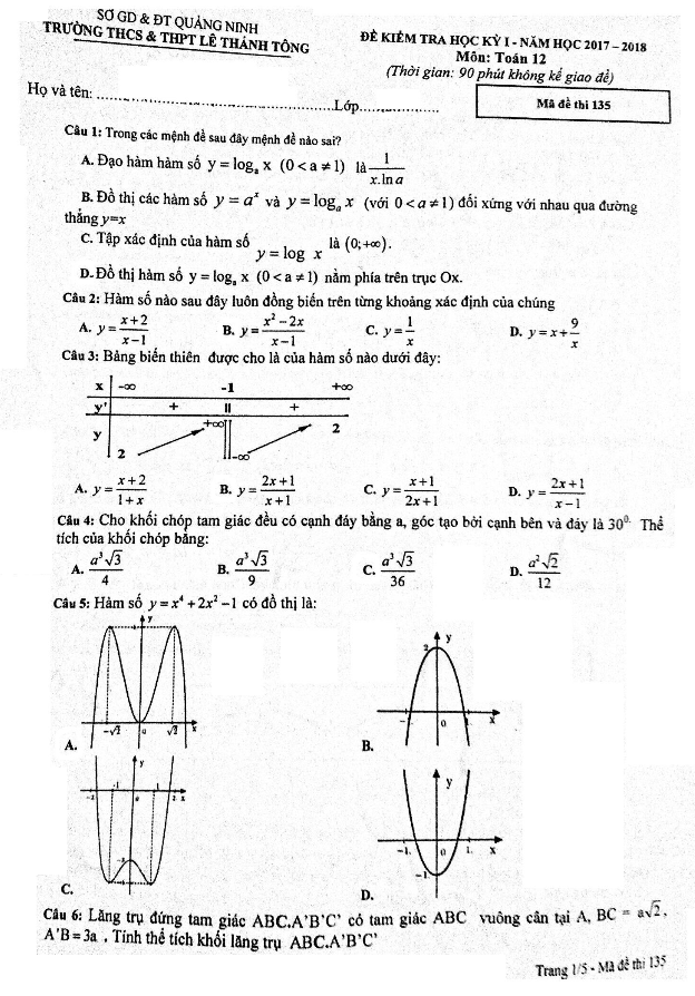 Đề kiểm tra học kỳ I lớp 12 môn Toán năm học 2017 2018 trường Lê Thánh Tông Quảng Ninh