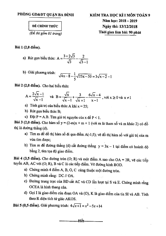 Đề kiểm tra học kỳ I lớp 9 môn Toán năm học 2018 2019 phòng GD ĐT Ba Đình Hà Nội