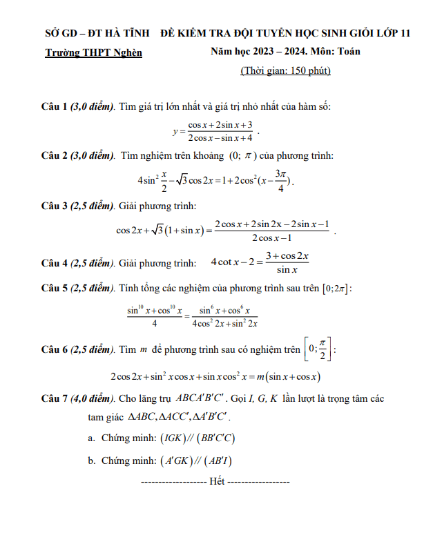 Đề kiểm tra HSG lớp 11 môn Toán năm 2023 2024 trường THPT Nghèn Hà Tĩnh