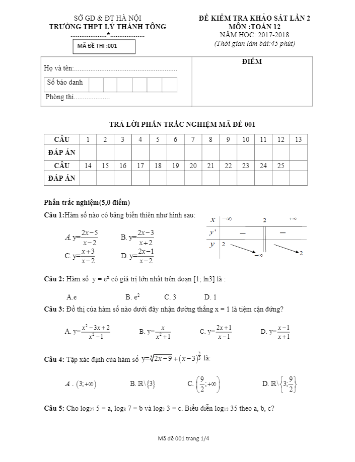 Đề kiểm tra khảo sát lần 2 lớp 12 môn Toán năm học 2017 2018 trường THPT Lý Thánh Tông Hà Nội