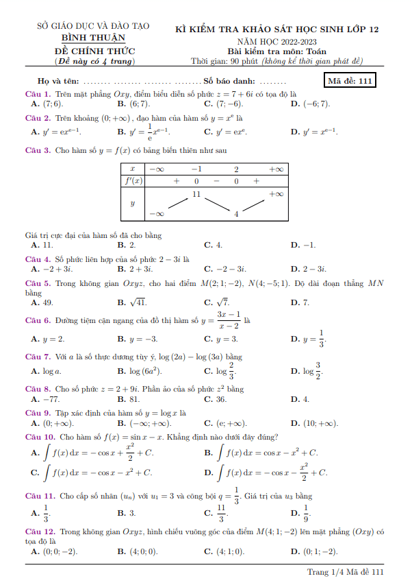 Đề kiểm tra khảo sát lớp 12 môn Toán năm 2022 2023 sở GD ĐT Bình Thuận