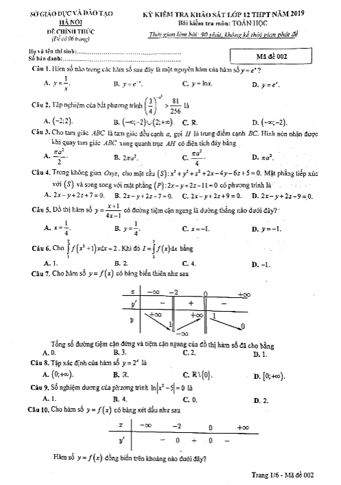Đề kiểm tra khảo sát lớp 12 môn Toán THPT năm 2019 sở GD ĐT Hà Nội