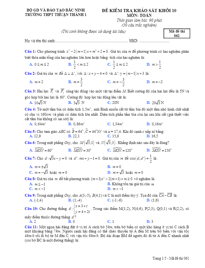 Đề kiểm tra khảo sát môn Toán trường THPT Thuận Thành 1 Bắc Ninh