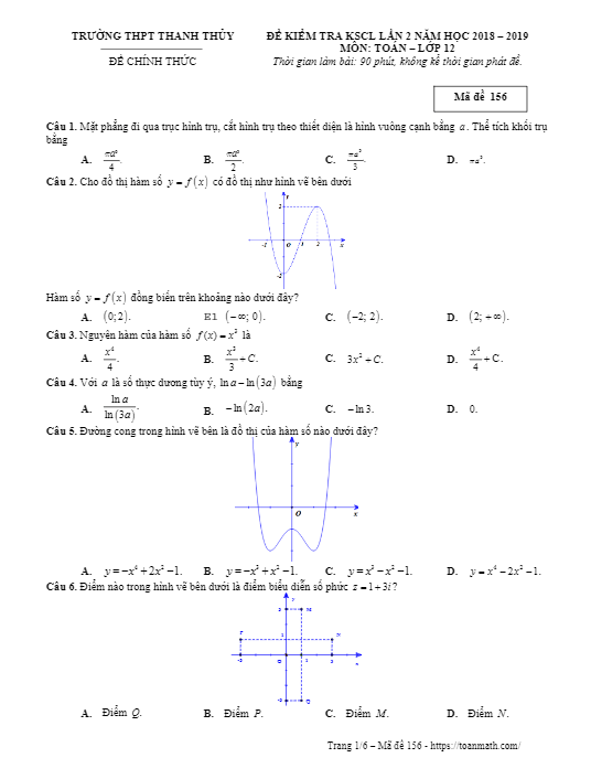 Đề kiểm tra KSCL lần 2 lớp 12 môn Toán năm 2018 2019 trường Thanh Thủy Phú Thọ