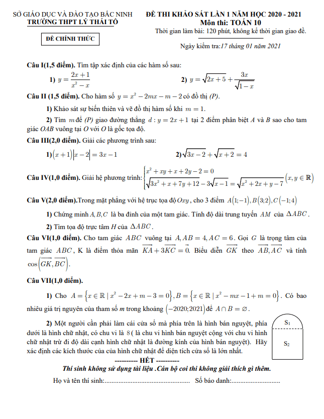 Đề kiểm tra lớp 10 môn Toán lần 1 năm 2020 2021 trường THPT Lý Thái Tổ Bắc Ninh