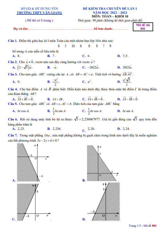 Đề kiểm tra lớp 10 môn Toán lần 1 năm 2022 2023 trường THPT Văn Giang Hưng Yên