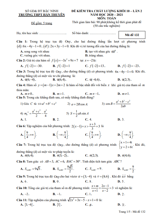 Đề kiểm tra lớp 10 môn Toán lần 2 năm 2020 2021 trường Hàn Thuyên Bắc Ninh