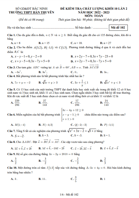 Đề kiểm tra lớp 10 môn Toán lần 2 năm 2022 2023 trường THPT Hàn Thuyên Bắc Ninh