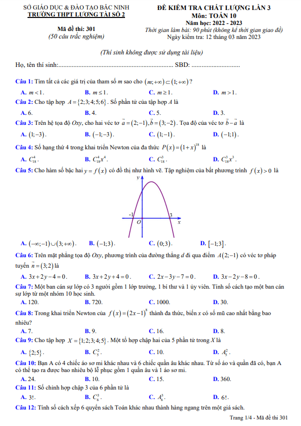 Đề kiểm tra lớp 10 môn Toán lần 3 năm 2022 2023 trường THPT Lương Tài 2 Bắc Ninh