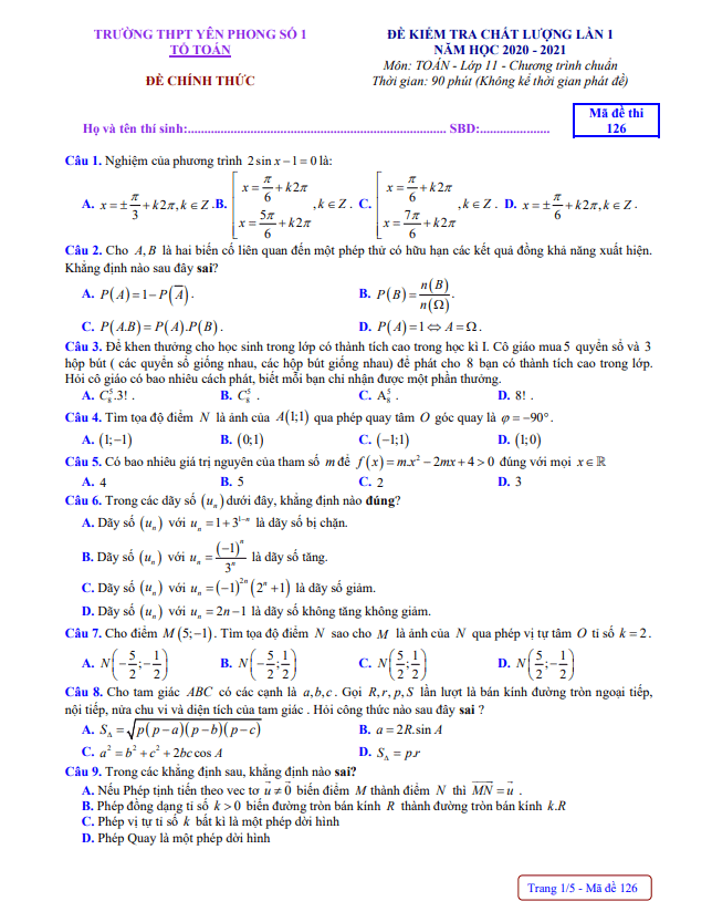 Đề kiểm tra lớp 11 môn Toán lần 1 năm 2020 2021 trường Yên Phong 1 Bắc Ninh