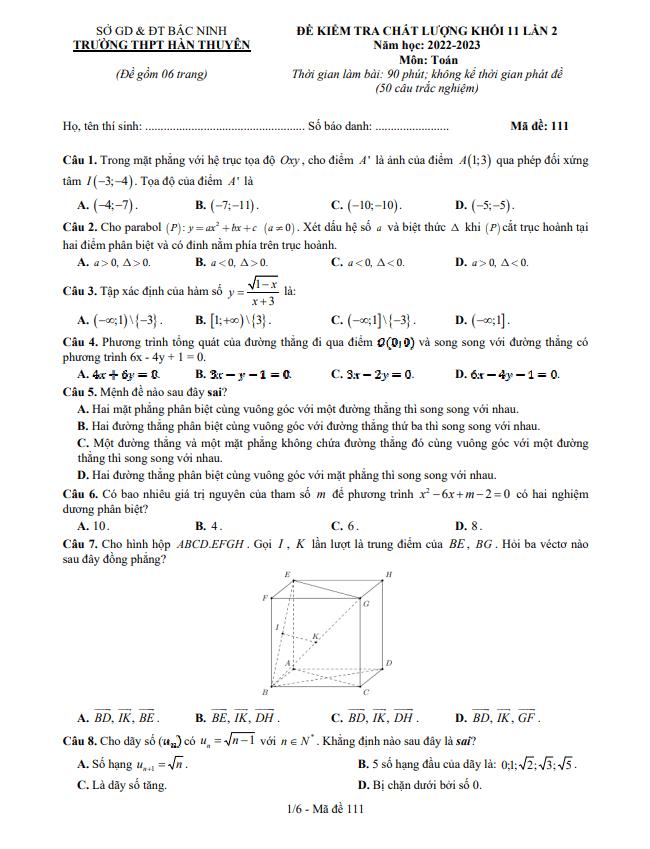Đề kiểm tra lớp 11 môn Toán lần 2 năm 2022 2023 trường THPT Hàn Thuyên Bắc Ninh