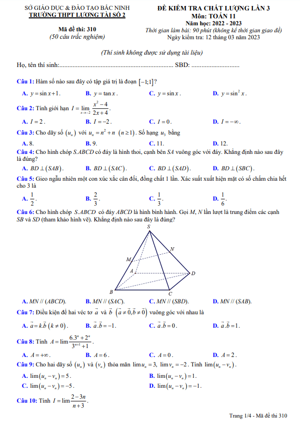 Đề kiểm tra lớp 11 môn Toán lần 3 năm 2022 2023 trường THPT Lương Tài 2 Bắc Ninh