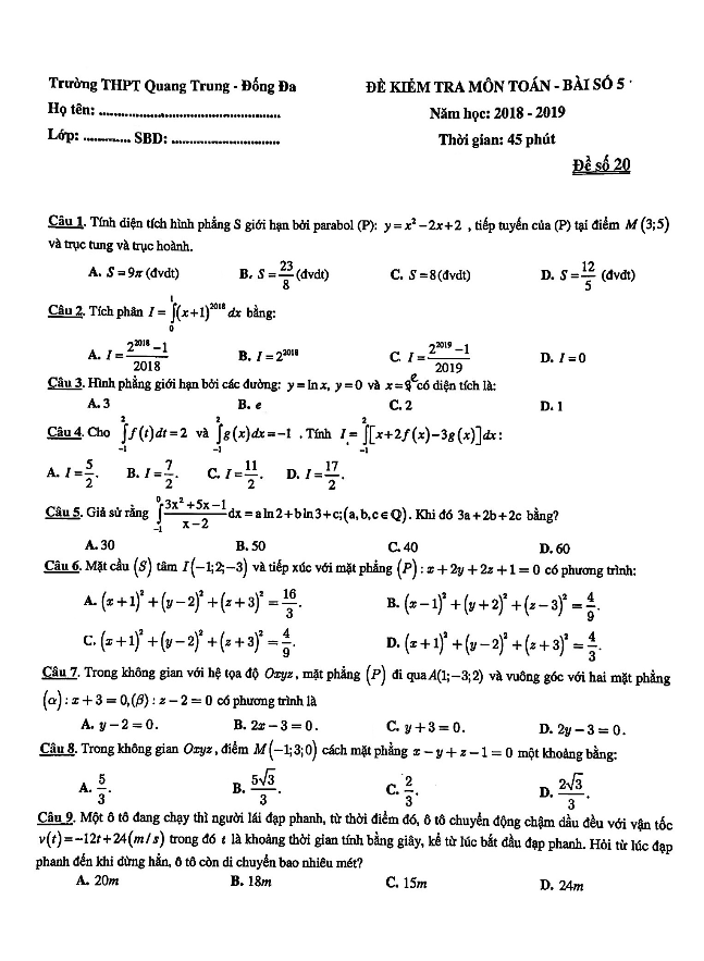 Đề kiểm tra lớp 12 môn Toán bài số 5 năm 2018 2019 trường Quang Trung Hà Nội