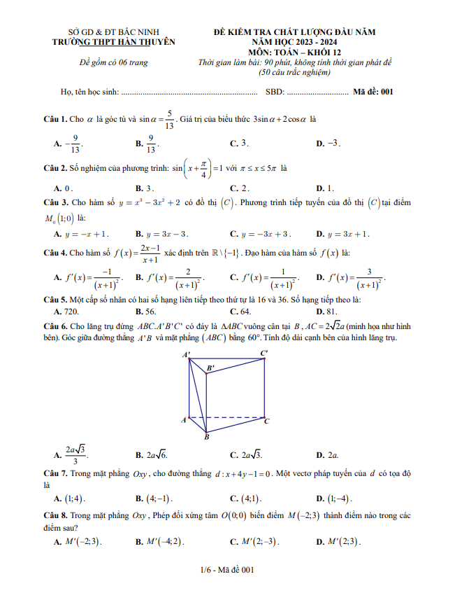 Đề kiểm tra lớp 12 môn Toán đầu năm 2023 2024 trường THPT Hàn Thuyên Bắc Ninh