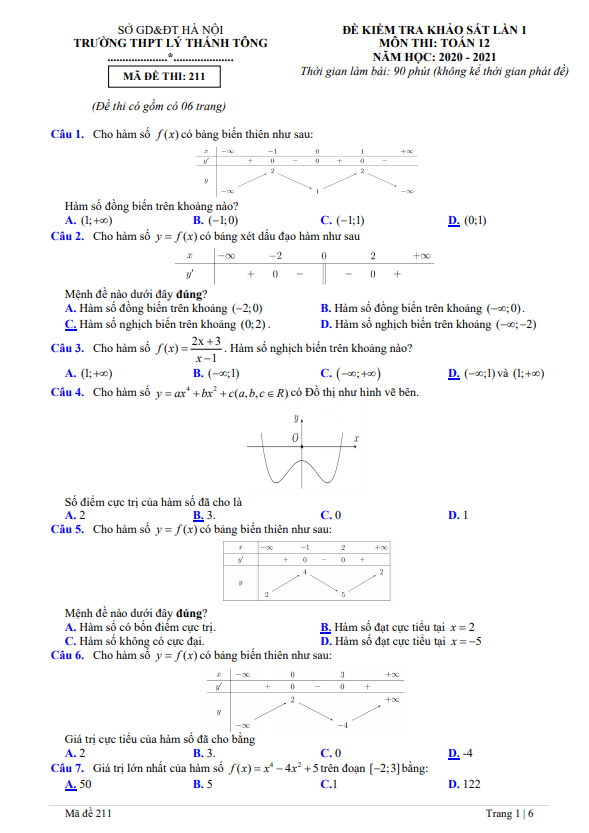 Đề kiểm tra lớp 12 môn Toán lần 1 năm 2020 2021 trường THPT Lý Thánh Tông Hà Nội