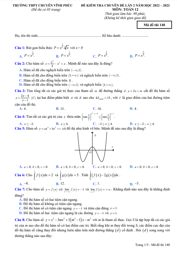 Đề kiểm tra lớp 12 môn Toán lần 2 năm 2022 2023 trường THPT chuyên Vĩnh Phúc