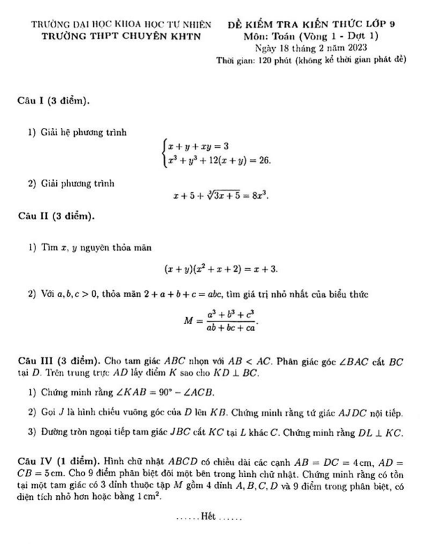 Đề kiểm tra lớp 9 môn Toán năm 2023 trường chuyên KHTN Hà Nội (Vòng 1 Đợt 1)