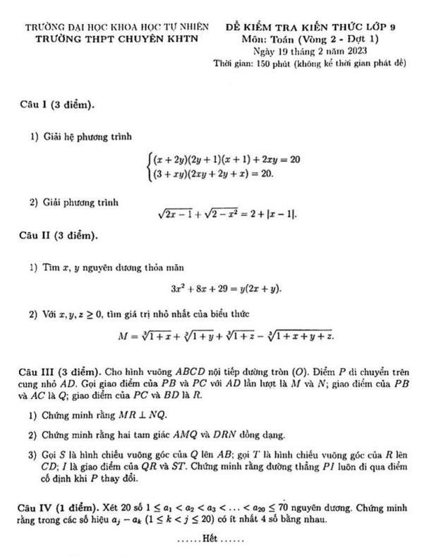 Đề kiểm tra lớp 9 môn Toán năm 2023 trường chuyên KHTN Hà Nội (Vòng 2 Đợt 1)