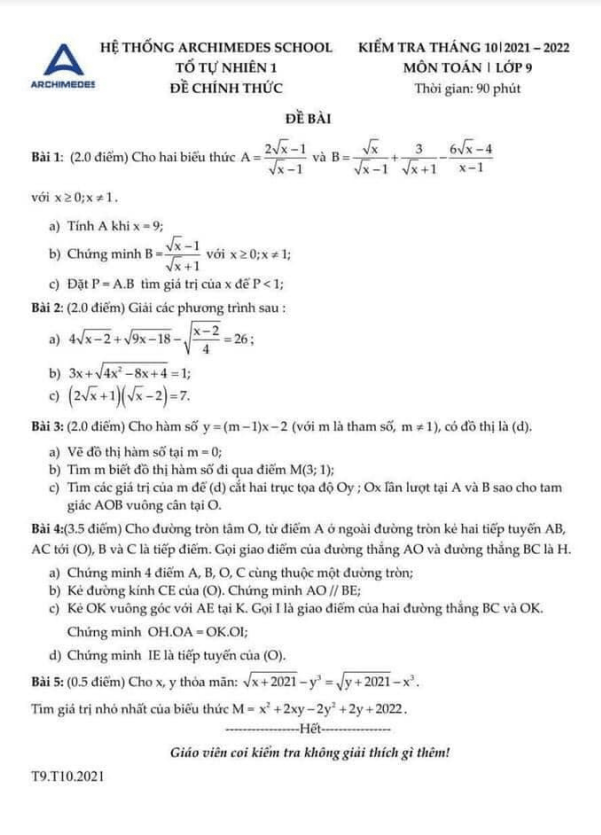 Đề kiểm tra lớp 9 môn Toán tháng 10 năm 2021 trường THCS Archimedes Academy Hà Nội