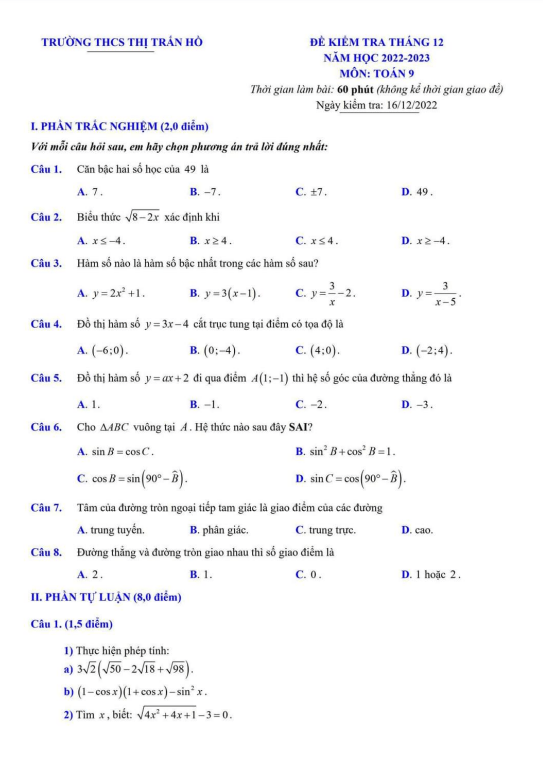 Đề kiểm tra lớp 9 môn Toán tháng 12 năm 2022 trường THCS Thị trấn Hồ Bắc Ninh