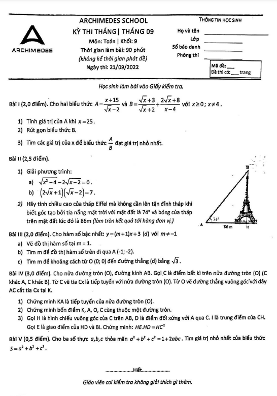Đề kiểm tra lớp 9 môn Toán tháng 9 năm 2022 hệ thống giáo dục Archimedes School Hà Nội