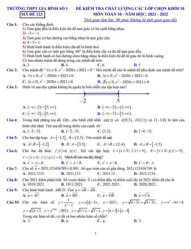 Đề kiểm tra lớp chọn Toán 10 năm 2021 2022 trường THPT Gia Bình 1 Bắc Ninh