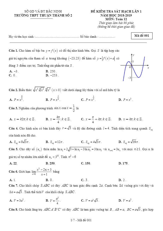 Đề kiểm tra sát hạch lớp 12 môn Toán lần 1 năm 2018 2019 trường Thuận Thành 2 Bắc Ninh