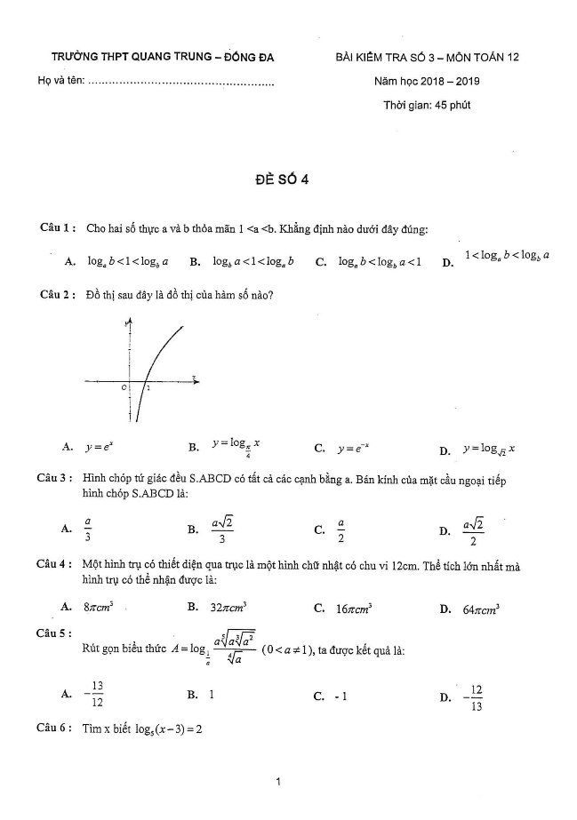 Đề kiểm tra số 3 lớp 12 môn Toán năm 2018 2019 trường THPT Quang Trung Hà Nội