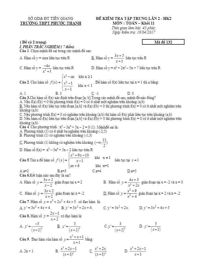 Đề kiểm tra tập trung lớp 11 môn Toán trường THPT Phước Thanh Tiền Giang lần 2