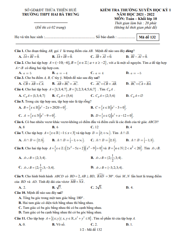 Đề kiểm tra thường xuyên học kì 1 (HK1) lớp 10 môn Toán năm 2021 2022 trường THPT Hai Bà Trưng TT Huế