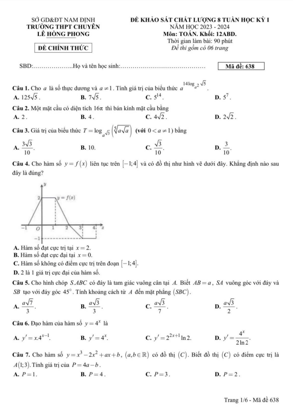 Đề KSCL 8 tuần học kì 1 (HK1) lớp 12 môn Toán năm 2023 2024 THPT chuyên Lê Hồng Phong Nam Định