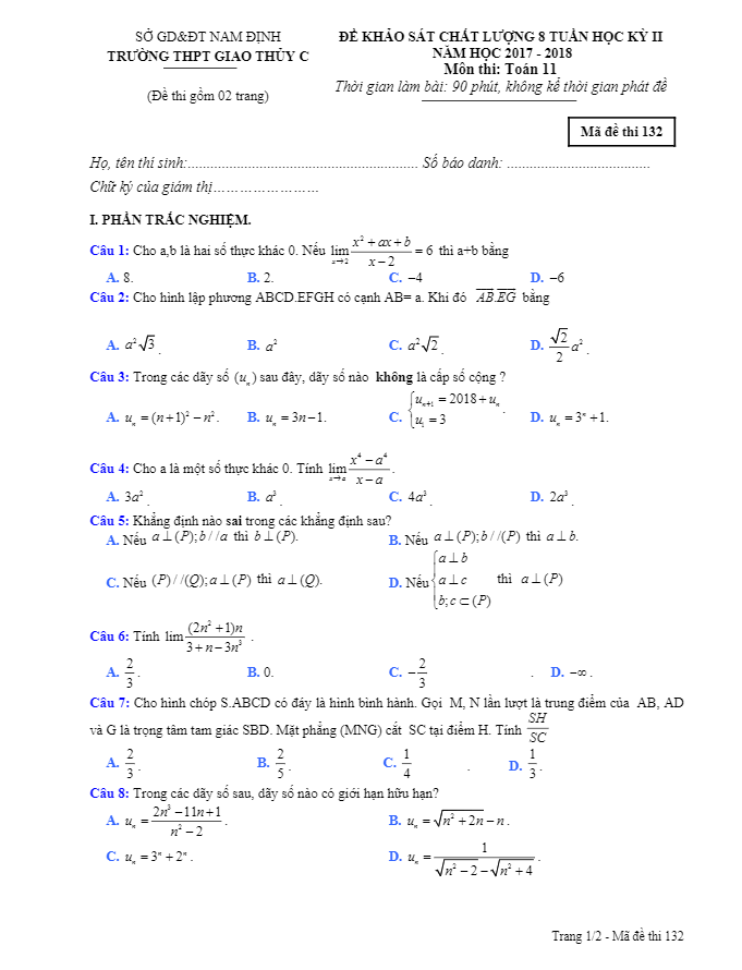 Đề KSCL 8 tuần học kì 2 (HK2) lớp 11 môn Toán năm 2017 2018 trường Giao Thủy C Nam Định
