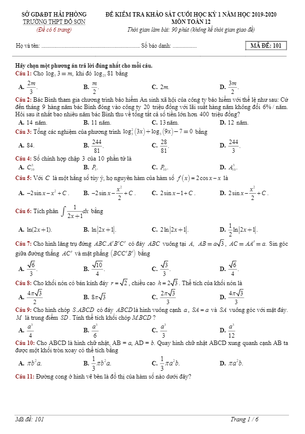 Đề KSCL cuối học kì 1 (HK1) lớp 12 môn Toán năm 2019 2020 trường THPT Đồ Sơn Hải Phòng