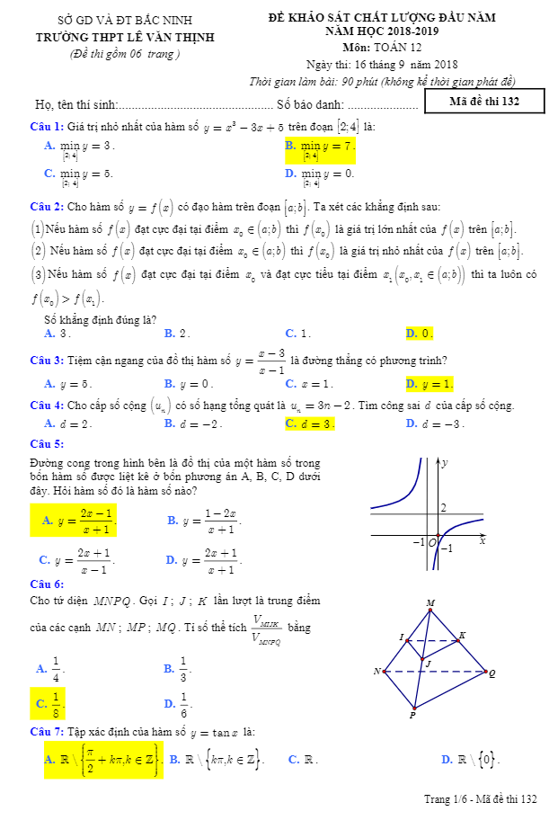 Đề KSCL đầu năm 2018 2019 lớp 12 môn Toán trường THPT Lê Văn Thịnh Bắc Ninh