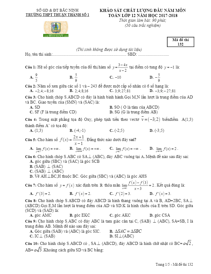 Đề KSCL đầu năm năm học 2017 2018 môn Toán trường THPT Thuận Thành 1 Bắc Ninh