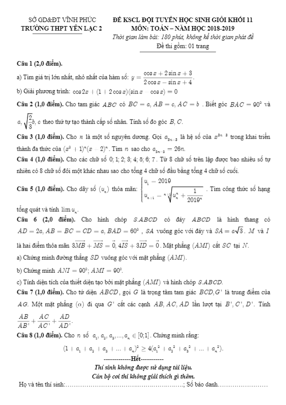 Đề KSCL đội tuyển HSG lớp 11 môn Toán năm 2018 – 2019 trường Yên Lạc 2 – Vĩnh Phúc