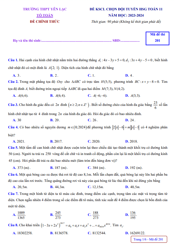 Đề KSCL đội tuyển HSG lớp 11 môn Toán năm 2023 2024 trường THPT Yên Lạc Vĩnh Phúc