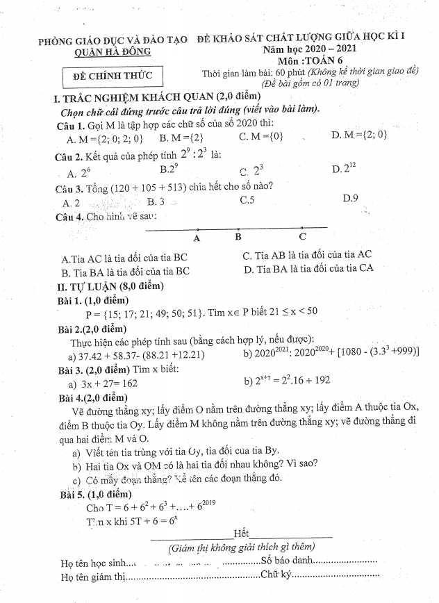 Đề KSCL giữa học kì 1 (HK1) lớp 6 môn Toán năm 2020 2021 phòng GD ĐT Hà Đông Hà Nội