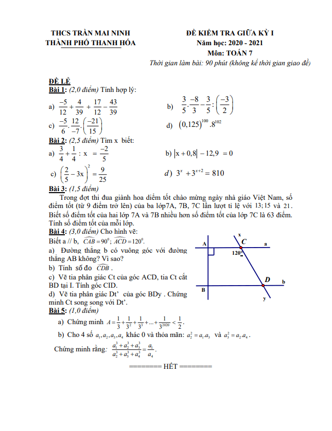 Đề KSCL giữa học kì 1 (HK1) lớp 7 môn Toán năm 2020 2021 trường THCS Trần Mai Ninh Thanh Hóa