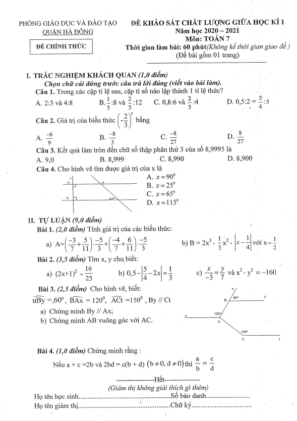 Đề KSCL giữa học kì 1 (HK1) lớp 7 môn Toán năm 2020 – 2021 phòng GD ĐT Hà Đông – Hà Nội